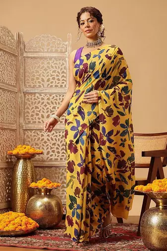Yellow printed cotton blend ethnic saree with blouse piece