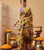 Yellow printed cotton blend ethnic saree with blouse piece