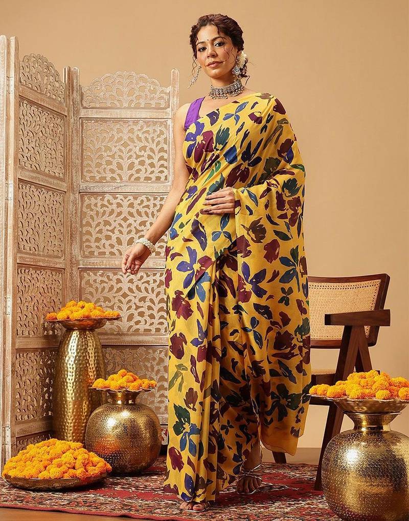 Yellow printed cotton blend ethnic saree with blouse piece