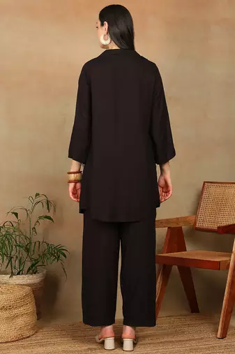 Women dark brown ethnic motifs aari embroidered pockets rayon kurta & palazzo set