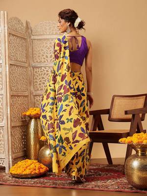 Yellow printed cotton blend ethnic saree with blouse piece 2
