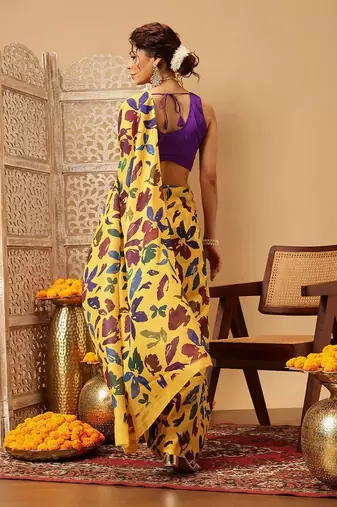 Yellow printed cotton blend ethnic saree with blouse piece