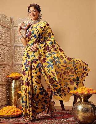 Yellow printed cotton blend ethnic saree with blouse piece 3