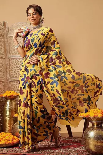 Yellow printed cotton blend ethnic saree with blouse piece