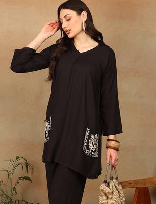 Women dark brown ethnic motifs aari embroidered pockets rayon kurta & palazzo set 4