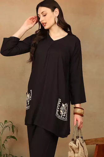 Women dark brown ethnic motifs aari embroidered pockets rayon kurta & palazzo set