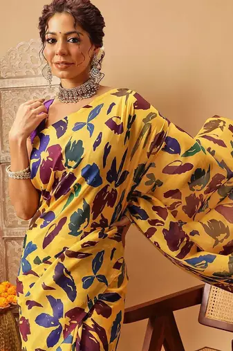 Yellow printed cotton blend ethnic saree with blouse piece