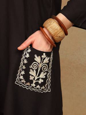 Women dark brown ethnic motifs aari embroidered pockets rayon kurta & palazzo set 5