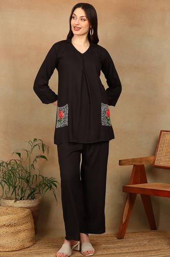 Women dark brown rose aari embroidered pockets rayon kurta & palazzo set