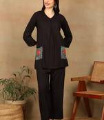 Women dark brown rose aari embroidered pockets rayon kurta & palazzo set