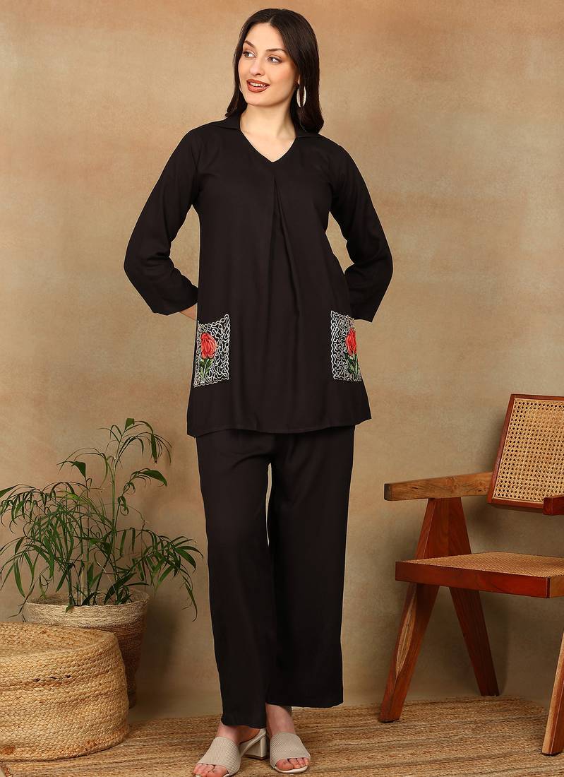 Women dark brown rose aari embroidered pockets rayon kurta & palazzo set