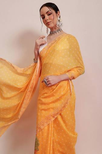 Mustard printed cotton blend ethnic saree with blouse piece