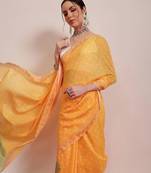 Mustard printed cotton blend ethnic saree with blouse piece
