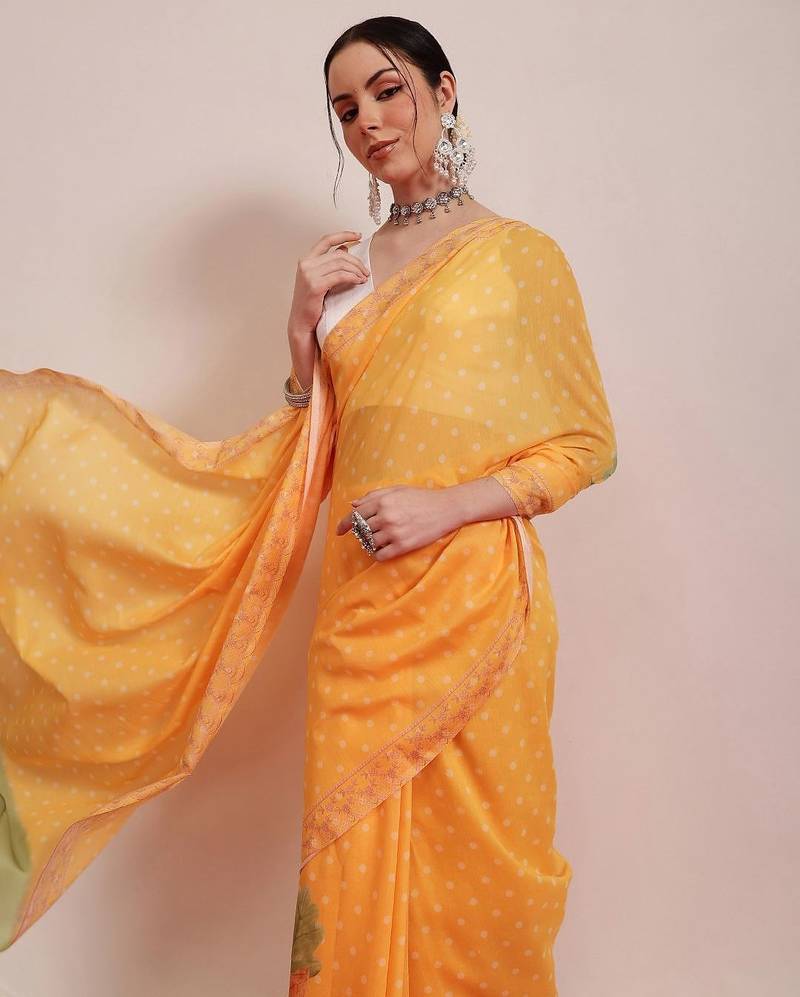 Mustard printed cotton blend ethnic saree with blouse piece