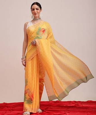 Mustard printed cotton blend ethnic saree with blouse piece 2