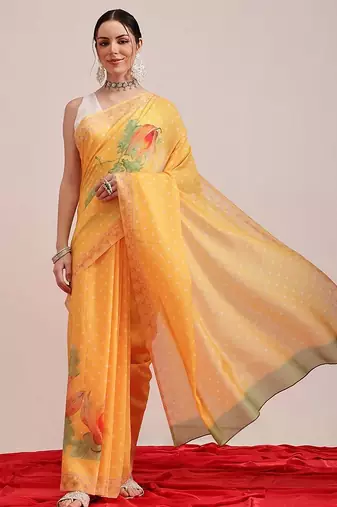 Mustard printed cotton blend ethnic saree with blouse piece