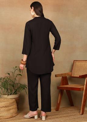 Women dark brown rose aari embroidered pockets rayon kurta & palazzo set 2