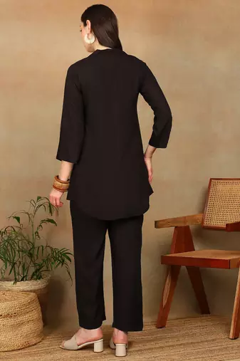Women dark brown rose aari embroidered pockets rayon kurta & palazzo set