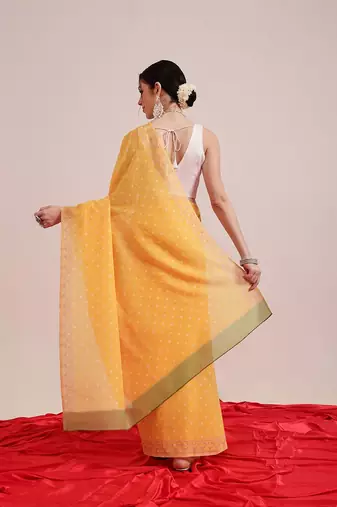 Mustard printed cotton blend ethnic saree with blouse piece