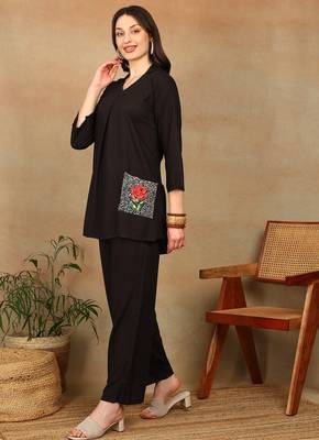 Women dark brown rose aari embroidered pockets rayon kurta & palazzo set 3