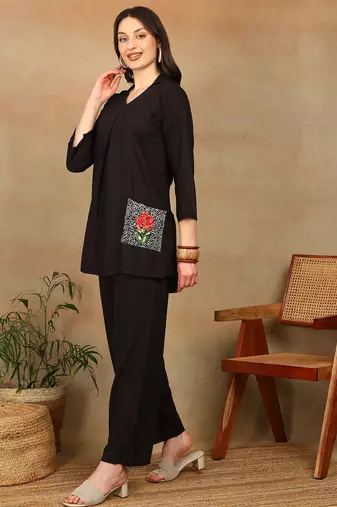 Women dark brown rose aari embroidered pockets rayon kurta & palazzo set