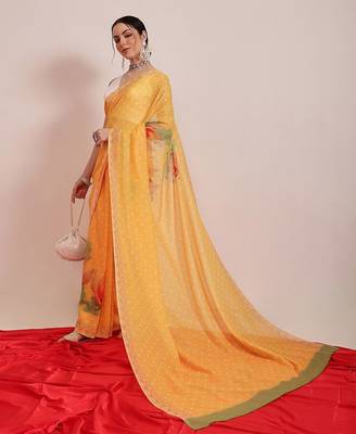 Mustard printed cotton blend ethnic saree with blouse piece 4