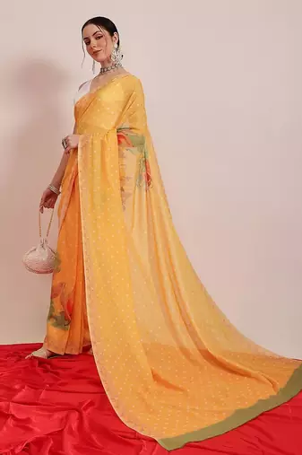 Mustard printed cotton blend ethnic saree with blouse piece