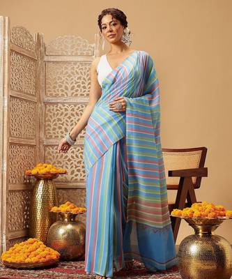 Blue printed cotton blend ethnic saree with blouse piece 1