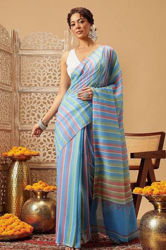 Blue printed cotton blend ethnic saree with blouse piece