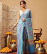 Blue printed cotton blend ethnic saree with blouse piece