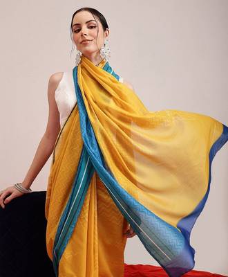 Yellow printed cotton blend ethnic saree with blouse piece 1