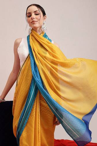 Yellow printed cotton blend ethnic saree with blouse piece