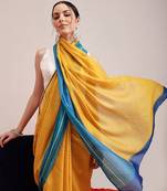 Yellow printed cotton blend ethnic saree with blouse piece