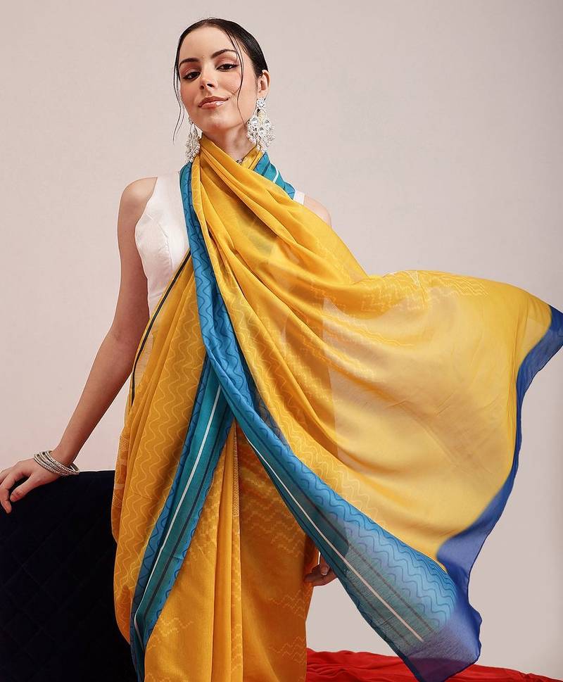 Yellow printed cotton blend ethnic saree with blouse piece