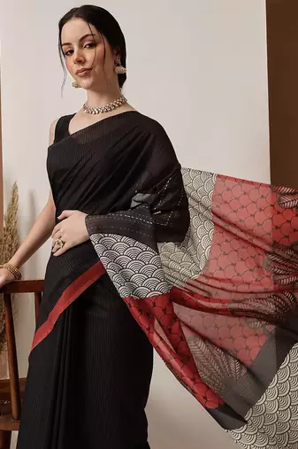 Black printed cotton blend ethnic saree with blouse piece