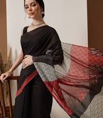 Black printed cotton blend ethnic saree with blouse piece