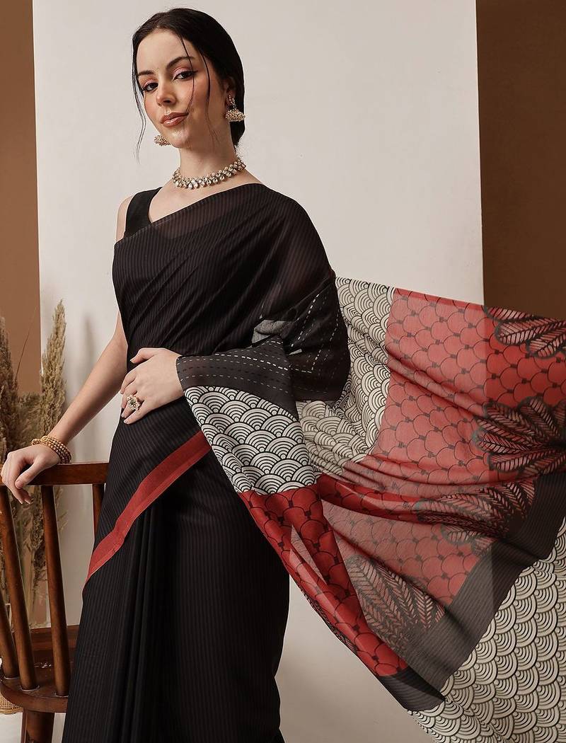 Black printed cotton blend ethnic saree with blouse piece