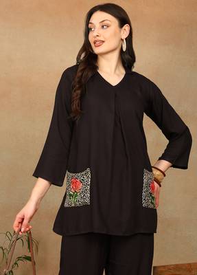 Women dark brown rose aari embroidered pockets rayon kurta & palazzo set 4
