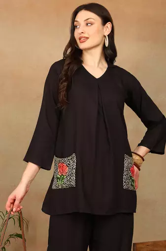 Women dark brown rose aari embroidered pockets rayon kurta & palazzo set