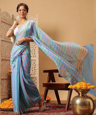 Blue printed cotton blend ethnic saree with blouse piece 2