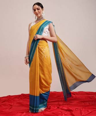 Yellow printed cotton blend ethnic saree with blouse piece 2