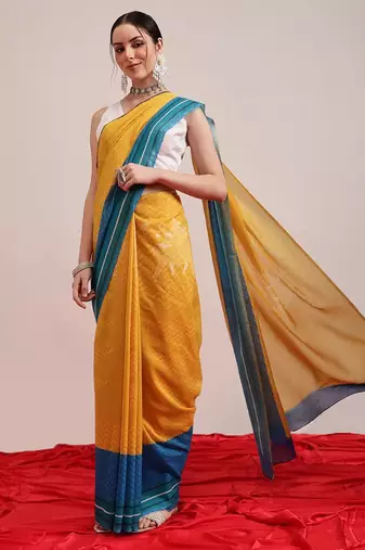 Yellow printed cotton blend ethnic saree with blouse piece