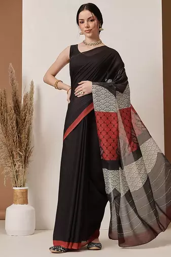 Black printed cotton blend ethnic saree with blouse piece