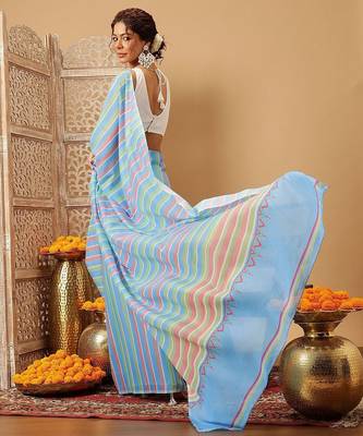 Blue printed cotton blend ethnic saree with blouse piece 3