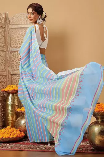 Blue printed cotton blend ethnic saree with blouse piece