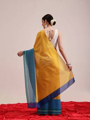 Yellow printed cotton blend ethnic saree with blouse piece 3