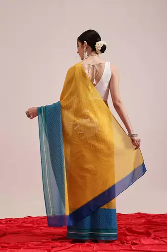 Yellow printed cotton blend ethnic saree with blouse piece