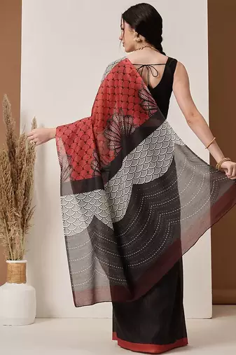 Black printed cotton blend ethnic saree with blouse piece