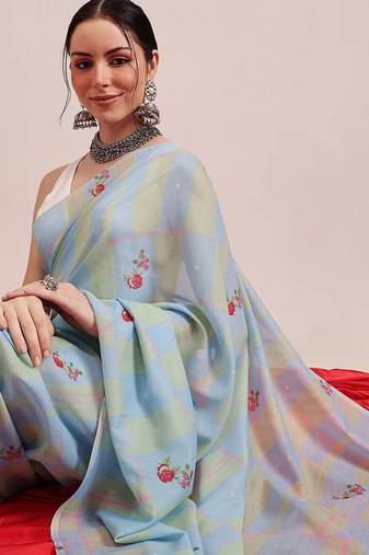 Blue printed cotton blend ethnic saree with blouse piece