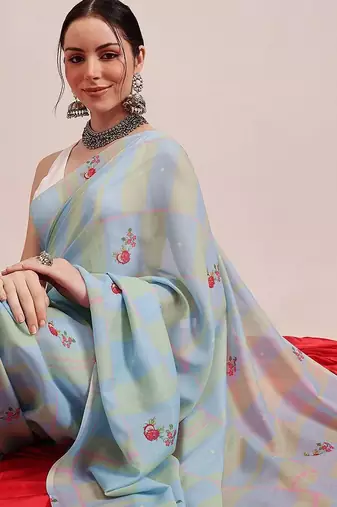 Blue printed cotton blend ethnic saree with blouse piece